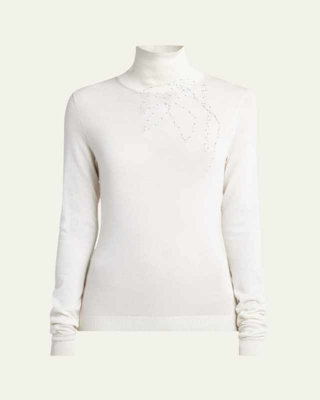 Floral Stitched Cashmere Silk Turtleneck Sweater